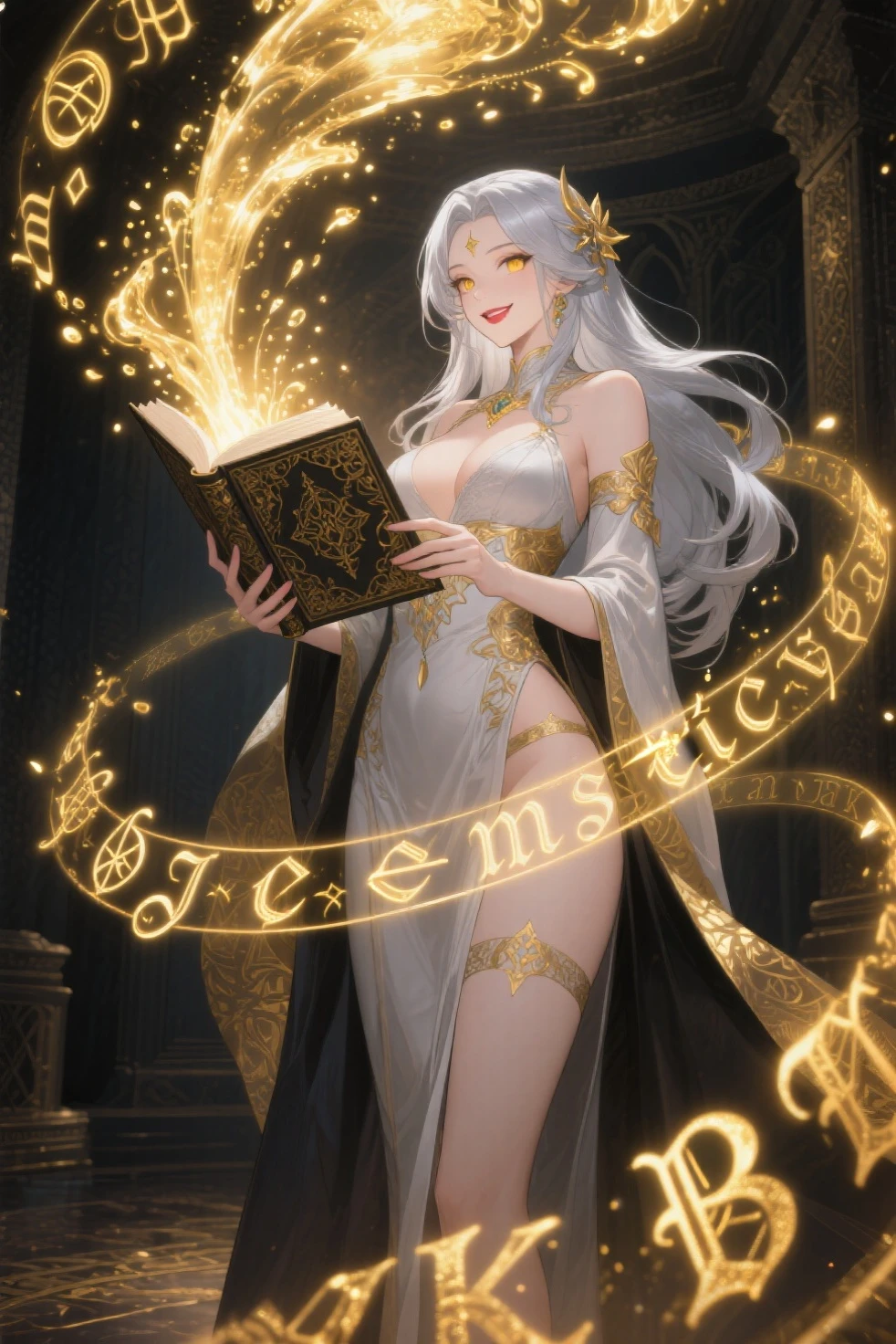 (masterpiece, best quality, high resolution, ((full body standing,)),((huge breasts)) 1 mature beautiful woman, very long white hair, red lips, two light white fantasy cleric costume with gold details, full body, cleric headdress fantasy holding a book in the right hand, calm smile((full body))
