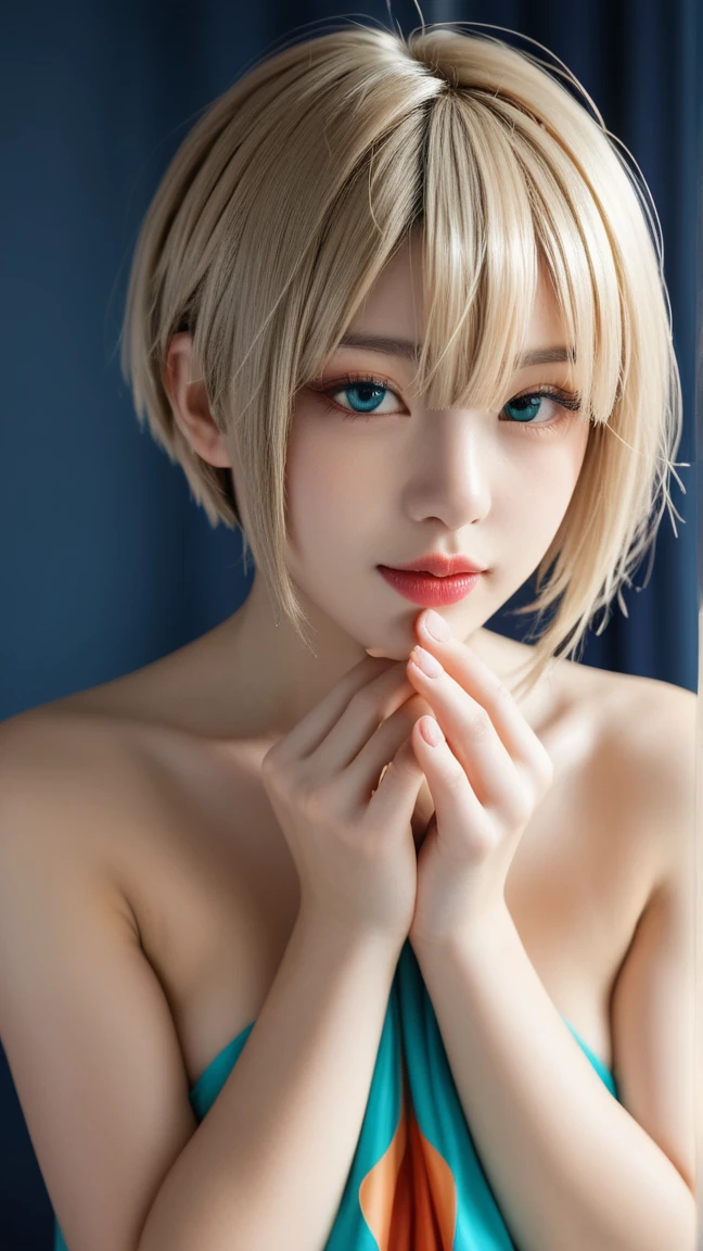 pale Young boy, bright blue eyes, short blond wavy hair, vampire, cute smile,nsfw