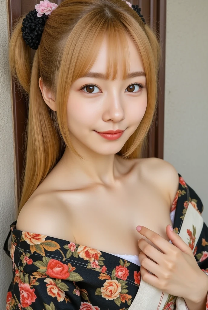(Tabletop:1.3),( Masterpiece, highest quality), 98k, ((Perfect Anatomy:1.2)),Beautiful Japanese Women, Succubus,(one person:1.3), 20-year-old, Small face,(Cute face:1.2),Smiling, Larger breasts, ,Beautiful and detailed eyes, Evenly spaced eyes 1.2, long platinum blonde hair,（Braided Hairstyles）, (Highly detailed face and skin texture), Beautiful face in golden proportions,White skin,(Kimono Beauty:1.2),Random sexy poses、(Expose the valley:1.3)