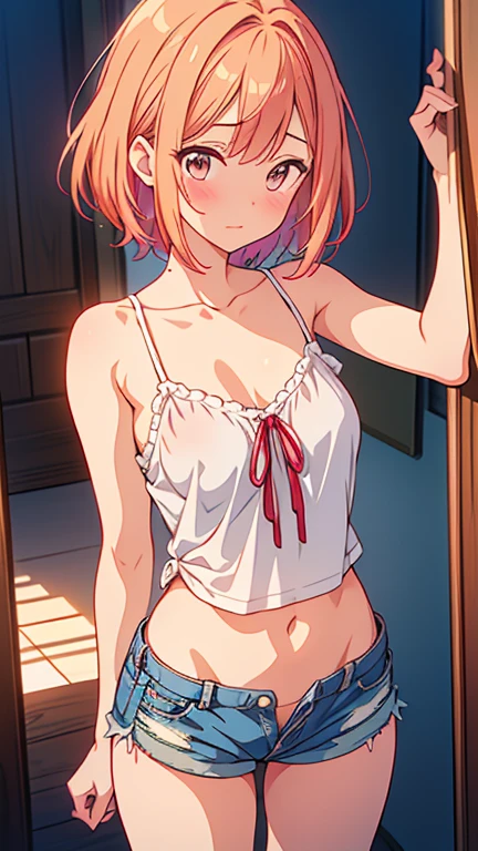 masterpiece, best quality, highres, nn1, 1girl, hair ribbon, short hair, jean, crop top, underboob, cowboy shot, standing, outdoors,