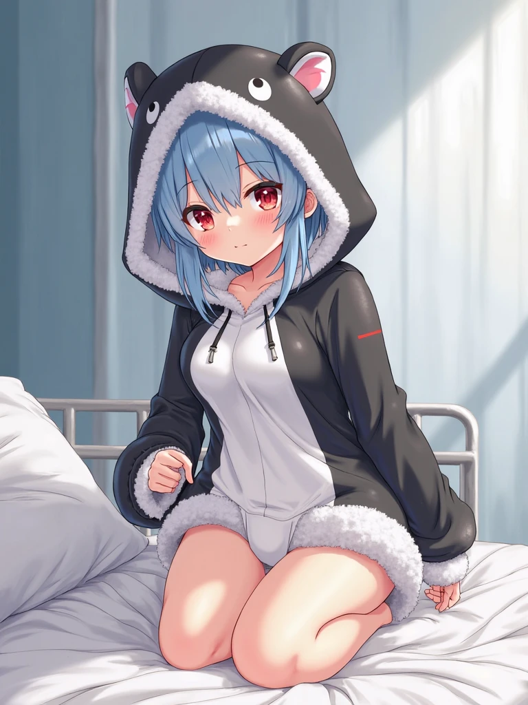 a bit, Nendoroid, ((Worst quality, low quality)), ((close), profile,1.5 Left Facing), (10 year old girl), Gray Hair, (Fluffy shark costume pajamas:1.4), (open income:1.2), (Pale light blue pajamas:1.4), Animal Hoodie, (Hooded:1.Under the hoodie, Oversized hoodie, Five Fingers, Perfect hands, 深Bedroom at nightの背景, Sleep on the bed、Stick out your hand、Pose that you want to hug、highest quality,Very detailed, masterpiece,Bedroom at night、Bedroom at night、Sleeping on the bed、Small cleavage、Half-open eyes、sleepy look、Half an eye、sleep、Lying on your back、Kissing Face、Small cleavage