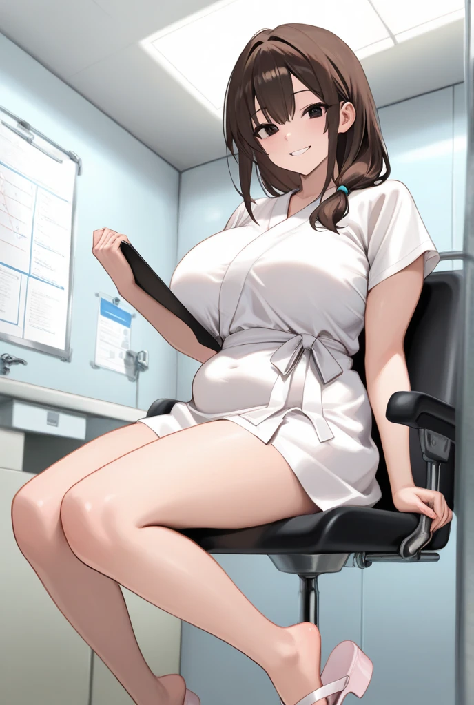 Highest quality、extremely detailed CG、One woman、27-year-old female、Huge breasts:1.3、sagging breast:1.3、White、white coat、white gown、Black inner shirt、Black inner shirtと白いコートを着てカメラに向かってポーズをとるアニメの女の子, breasts covered and SFW, chic,Whiteを着て, Cel-shaded adult animation、Brown Hair、ponytail、Health Room、学校のHealth Room、health room、sitting in a swivel chair