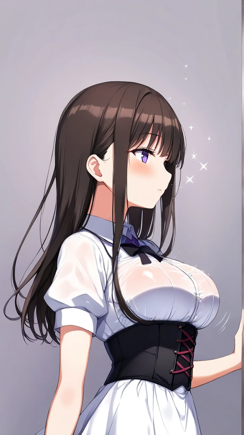 big breasts, white shirt, black dress, tired expression, long black hair