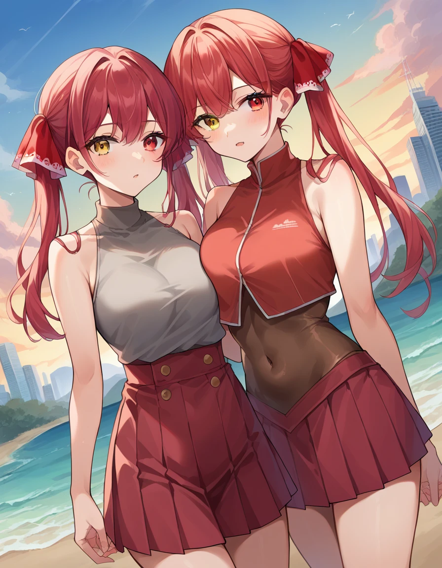 (nsfw:1.2),((2 girls,)), (Blushing:1.4), (silk highleg small tight sports bikinis red white and black color), evil Smile, Cowboy Shot, Slim body, large breast, Full Body, (erect nipples,cameltoe:1.2)