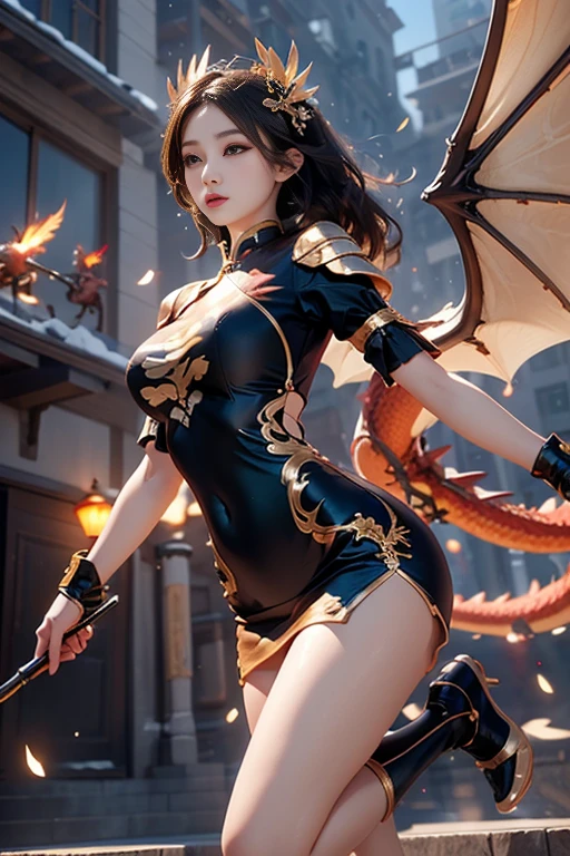 ((World of Darkness)),Professional , masterpiece、top-quality、photos realistic , depth of fields 、(((Fight dragons))),(Dragon Black Metal Body:1.9),(Latex Blue、(cleavage of the breast),(Fight dragons)、、(((Particles of light))),(Micro Bikini Armor:1.7),Gorgeous gold weapons ,(Fight dragons)、Seductive look、The face of the dragon is out、(blood splattere、Armpit、((((With a magic wand))), ) , (((Wearing a black latex wizard hat))),(demonic wings) ,((a blond))、(Castle background)、((Gangle's forest background))、Beautiful Caucasian beauty、1a person、Armpit、dynamic ungle,(((Detailed Gold Dragon Wizard Hat)))、Smaller head、A smile、Castle background、Thin and beautiful female hands、cleavage of the breast、Soldier in iron armor on background、Mystical expression、Light Effects、intense fighting、Wind-effect、magic circles、With the legendary magic wand、Dragon's tail、explosions、Toostock、Toostock、(Beautuful Women),