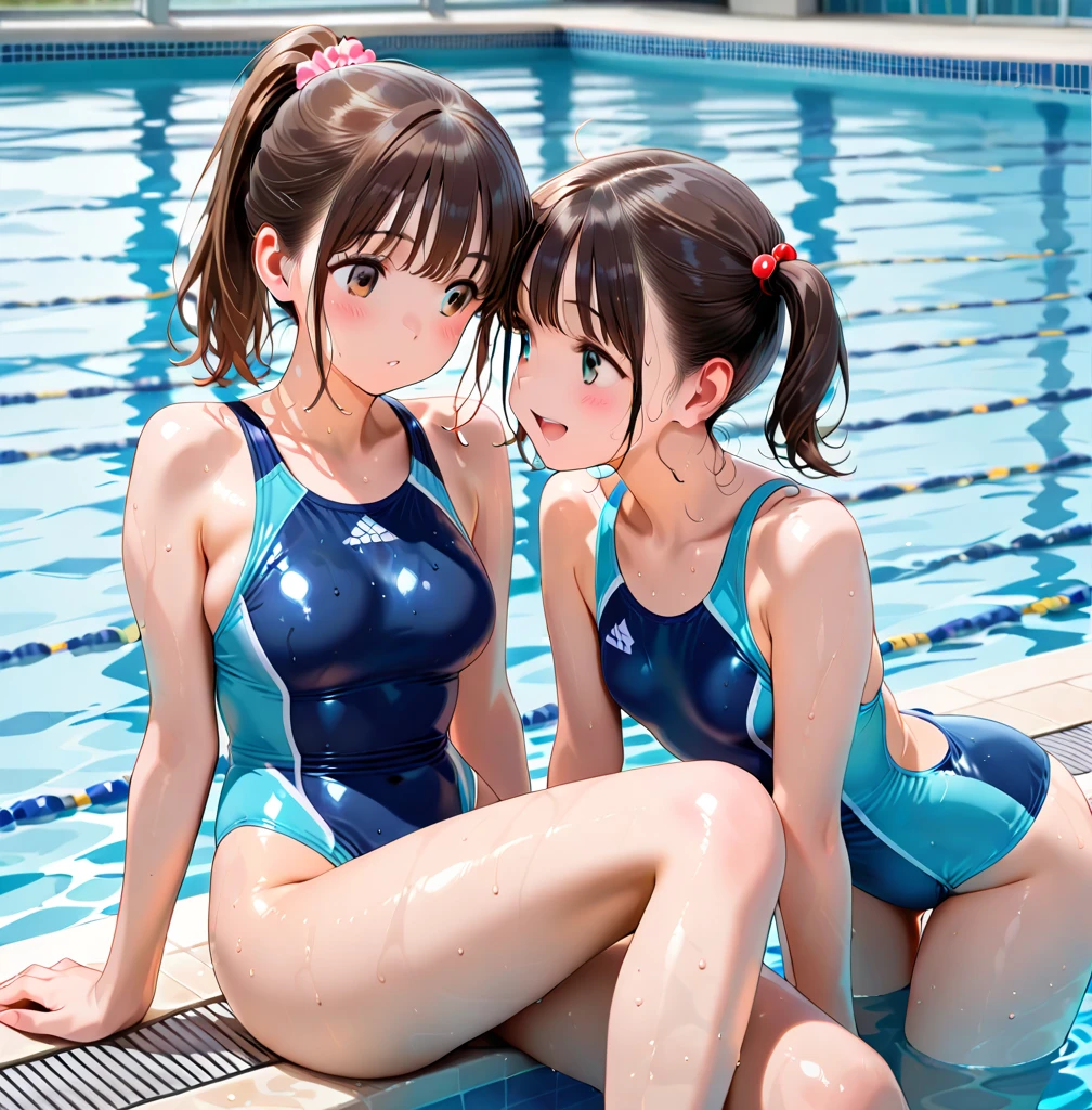 score_9, score_8_up, score_7_up, score_6_up, score_5_up, score_4_up, (source_anime), 2girls, neon genesis evangellion, ((asuka langley soryu)), (( rei ayanami)), yuri, breast sucking, far, full body, Swimming pool, Inside the pool, swimsuit, breast milk