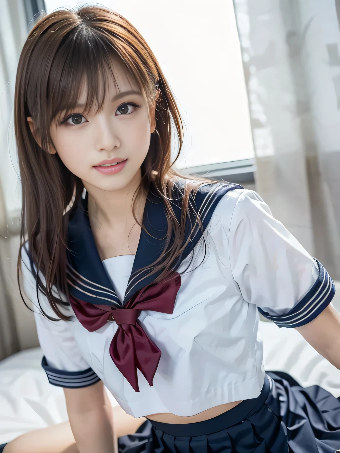 masterpiece, best quality, illustration, Super detailed, fine details, High resolution, 8K,wall paper, perfect dynamic composition,(Details High quality, realistic depiction of eyes:1.3), short hair, Black Sailor Uniform, serafuku, Navy pleated skirt, huge breasts, black hair color, Big Natural Color Lip, bold sexy pose, crying a little、 Harajuku style、20 year old girl、cute type、ta、beautiful legs, hotel room, full body photo、focus on crotch, hposing Gravure Idol