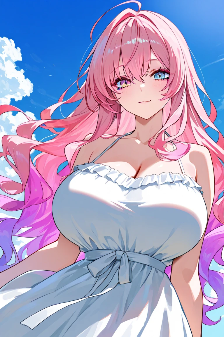 handsome girl，blue-eyes，blue pupils，Long pink hair，Hyperresolution，accuracy，Detailed rendering，（Subtle facial image）（Image of fine hair）（topquality）（Masterpieces of masters）（High degree of completeness）（A sense of atmosphere）tmasterpiece，Super detailed and super detailed（half-body portrait), long wavy pink hair, , in water, (((tHICK WAVY HAIR)))(((ANKLE LENGTH HAIR)))(((Blushing)))(((Huge breasts)))(((LARGER BREASTS))) large breasts, bigger breasts (((Bigger breasts))) (((Blushing))) (((Sakimichan))) (((Pink hair))) (((Pink LONG festival dress)))