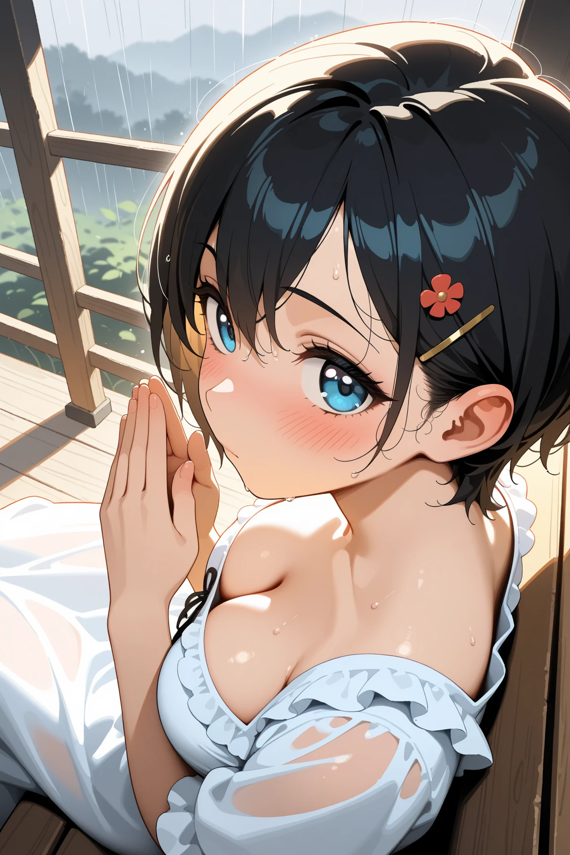 ((Highest quality)), ((masterpiece)), (detailed), (Japanese),16 years old, Black Hair,(Childish face), (Bob Hair), Girl, big Breasts, ((topless)), ((Blue eyes)),half-smile ,Sunlight, arched back, (extreme_close_up) , riverbank, flower garden,