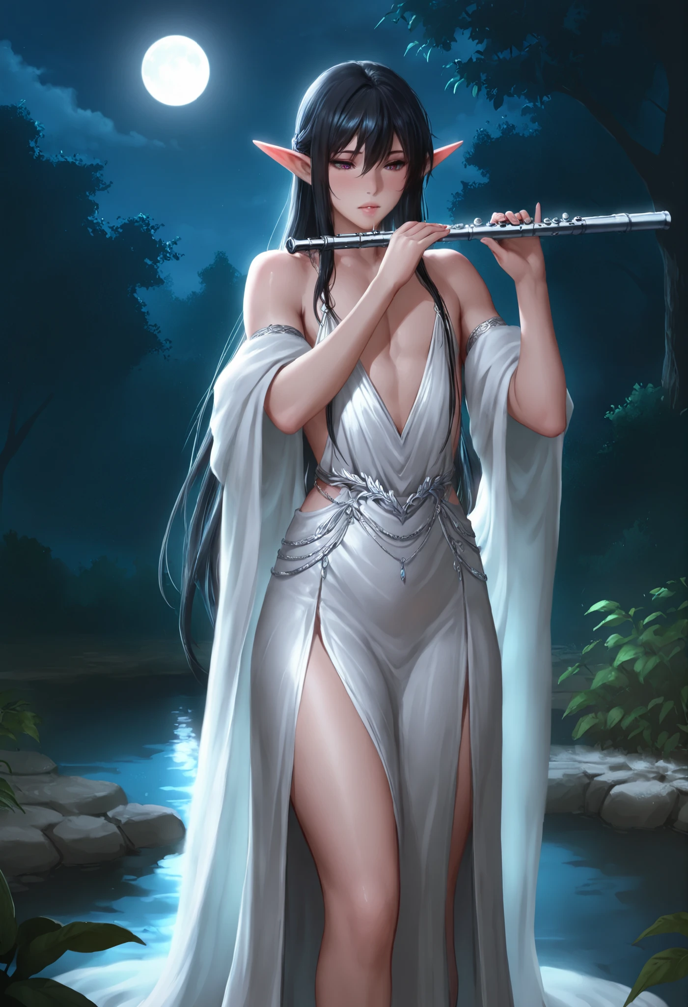 masterpiece, best quality, cinematic lighting, 1boy, elf, femboy, androgynous, pointed ears, long flowing black hair, wearing an elegant, flowing white elven gown with silver embroidery, playing a haunting melody on a wooden flute, serene expression, standing by a moonlit pond in a mystical garden, (moonlight:1.2)