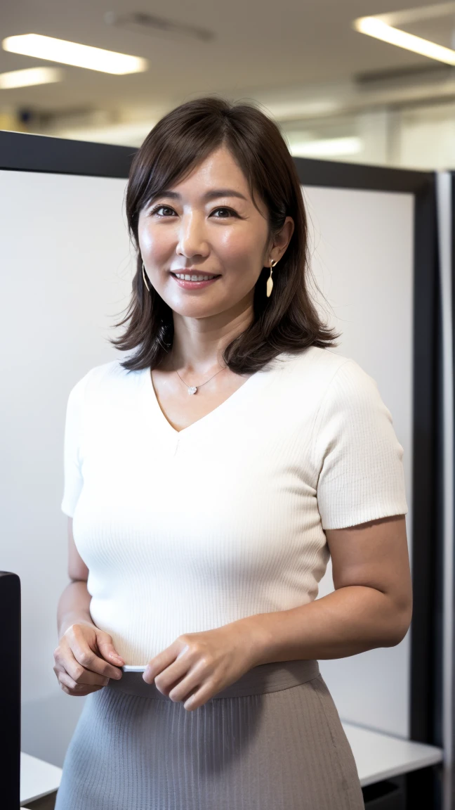(masterpiece:1.4),(60-year-old woman:1.5),(Facial wrinkles : 1.2), (facing away : 1.3), cheerful smile, long curly hair, maternal, Mature Woman, upper body shoot, sitting, office worker, (polyester fabric : 1.3), (polyester grey vest with button), grey pencil skirt, white short sleeve shirt, working at office, detailed backgrounds