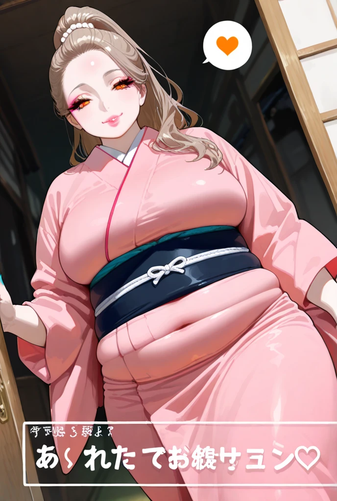 Full body girl, pregnant, on thighs, huge belly, cum belly, huge breaston breastyellow lasses, shy, tsundere, embarrassed, pout, straight long hair, pink hair, visible belly, no bra, black panties, barefoot, sittpanese traditional clothes, best quality