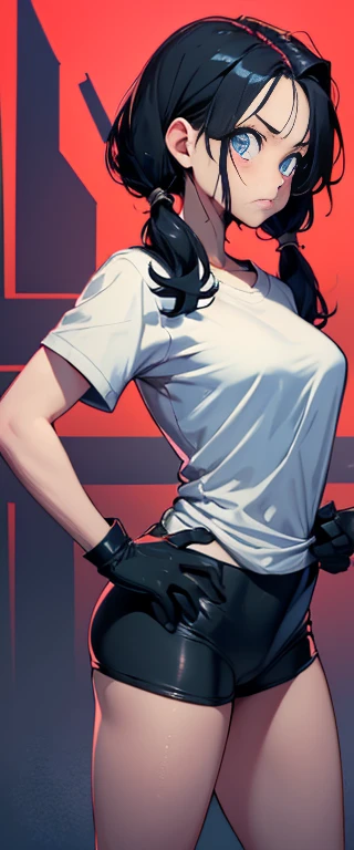 masterpiece, best quality, highres, videl2, solo, blue eyes, black hair, twintails, black gloves, bike_shorts, bangs, white shirt, badge, medium breasts, cowboy shot, frown, hand on hip, leaning forward, pointing at viewer,