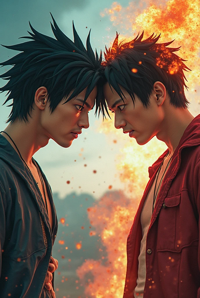 Two brothers, one in a jacket and the other without a shirt, they are called the shark brothers. They have black, half-curly hair and are tan in color.