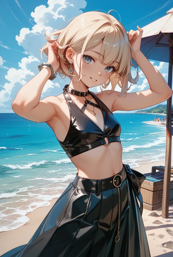 アイスWallenstein, Wallenstein, blonde, Hair between the eyes, hair band, Long Hair, (Yellow Eyes:1.5),happy smile,blush,A thin skirt tied around the waist,belly button,abdomen, whole bodyがイラストに入るように,Strolling on the sandy beach,
break outdoors, Beach,
break looking at viewer, whole body, (Cowboy Shot:1. 5),
break (masterpiece:1.2), Highest quality, High resolution, unity 8k wallpaper,, (shape:0.8), (Beautiful attention to detail:1.6), Highly detailed face, Perfect lighting, Extremely detailed CG, (Perfect hands, Perfect Anatomy),