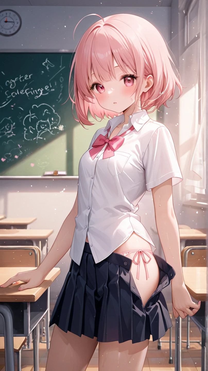 Best Quality,masutepiece,fullnude,look down on, Upper body,Strands of hair,bright pink hair,Classroom,tiny chest、Take off your uniform, Bow, Red bow, Long sleeves, Shirt, Collared shirt, White shirt, Skirt, Pleated skirt, Black skirt, tiny chest、looking at the viewers, BREAK (masutepiece:1.2), Best Quality, High resolution, Unity 8k壁纸, (Illustration:0.8), (Beautiful detailed eyes:1.6), extra detailed face, Perfect Lighting, extremely details CG, (Perfect hands, Perfect Anatomy),A smile、(Skirt lift:1.3), (Strawberry print panties:1.3)、(Skirt that rolls up:1.3)、(Fully exposed panties:1.5)