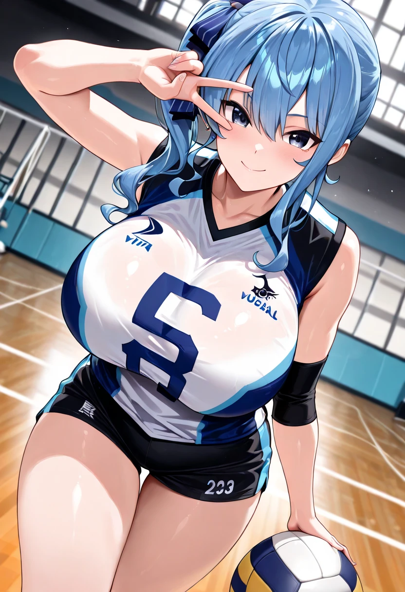 ((highest quality)), ((masterpiece)), (become familiar with),(one woman)、 perfect face、Two dimensions、anime style、high school student、volleyball player、very big breasts、thick thighs、light blue hair、white background、erotic、twin tails、8K、Look straight ahead and open your legs、squatting down、Seducting look、Full body、((armpit focus))