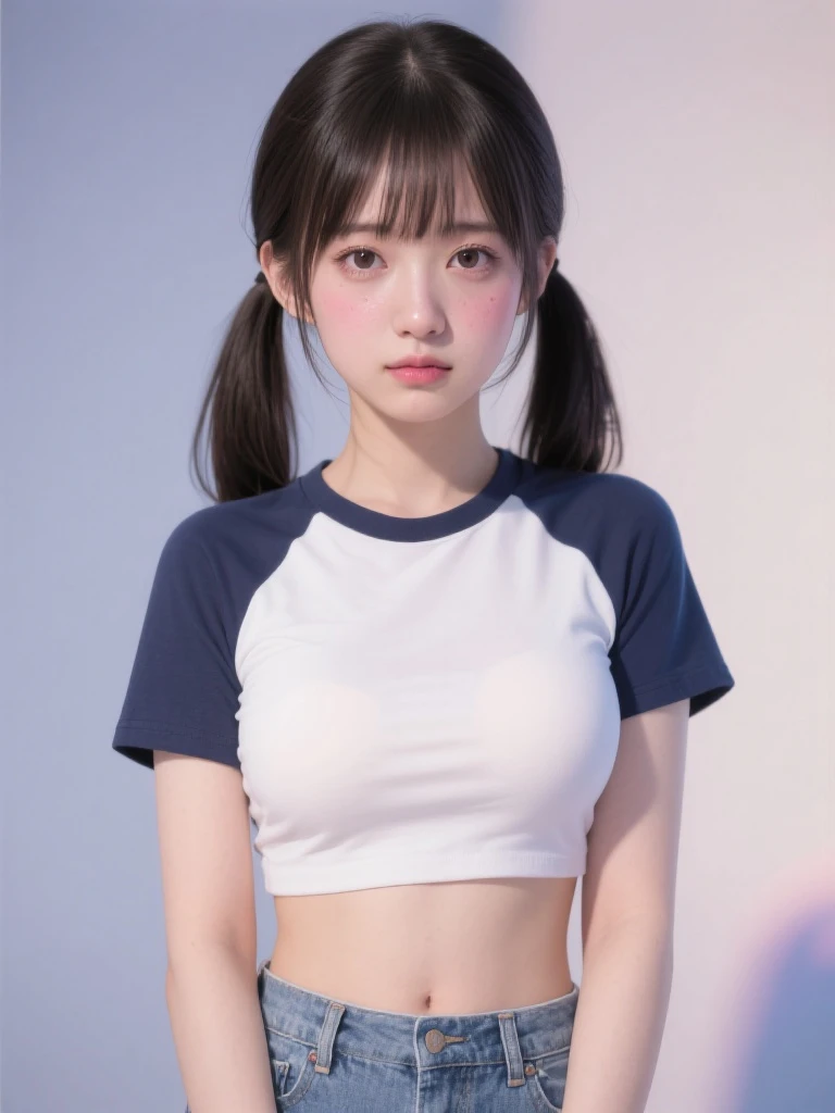 detailed eyes ,huge breasts , braided hairstyle , portrait , white t-shirt , black background , black hair , smile , black eyes , Calm posture , nsfw , twin tail