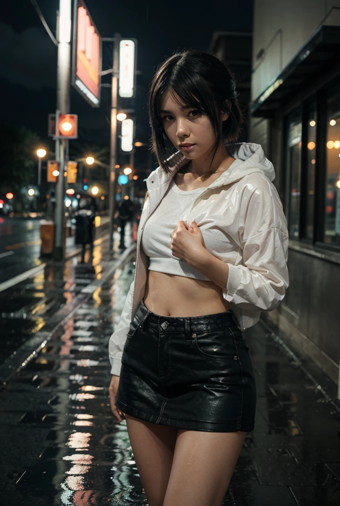 (8k, RAW photo, best quality, masterpiece:1.2), (realistic, photo-realistic:1.37), omertosa, 1girl, (Kpop idol), (aegyo sal:1), cute, cityscape, rain, wet, professional lighting, photon mapping, radiosity, physically-based rendering,,