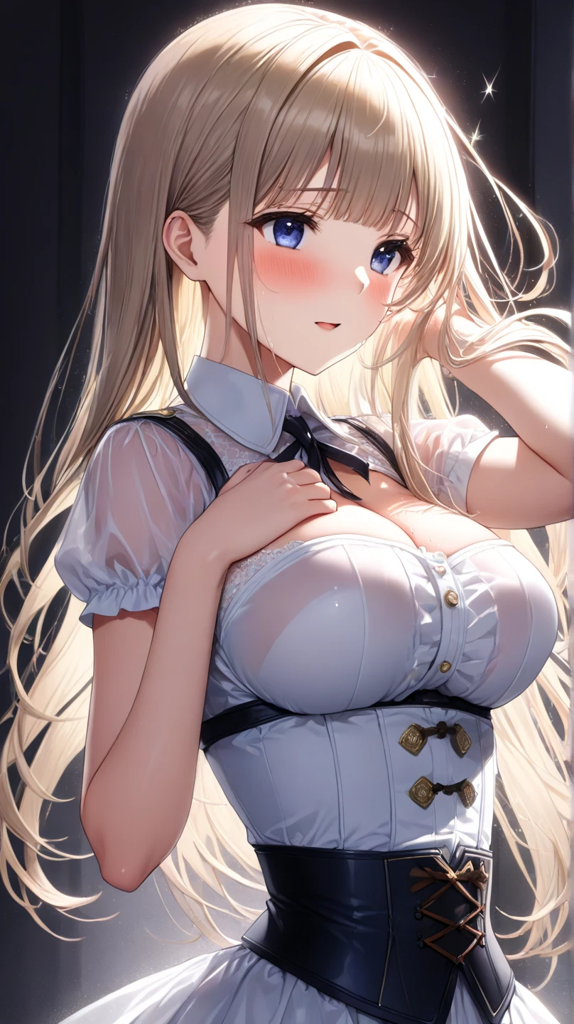 ((highest quality、High resolution))、beautiful girl、perfect body、beautiful ample breasts、nipple、Long blonde、maid、Looks embarrassed、spread your legs wide、((I'm inviting you to have sex))