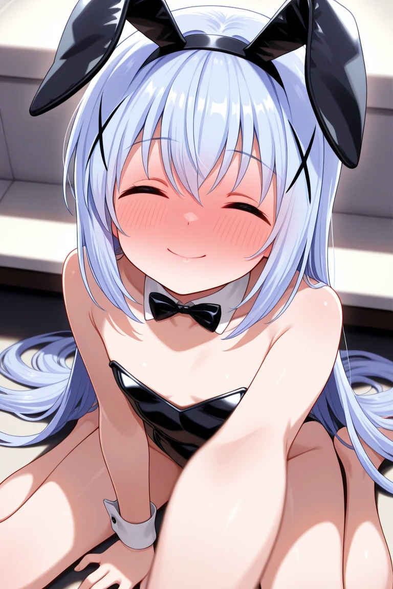 1girl, akugaki koa, idol es, heart ahoge, blue bow, blue eyes, yellow eyes,heterochromia, open mouth, pointy ears, horns, looking at viewer, aroused face, hairclip, heart ahoge, hair bow, masterpiece, best quality, very aesthetic, absurdres, black thighhighs, black elbow gloves, full body, bedroom background, kneeling, girl on bed