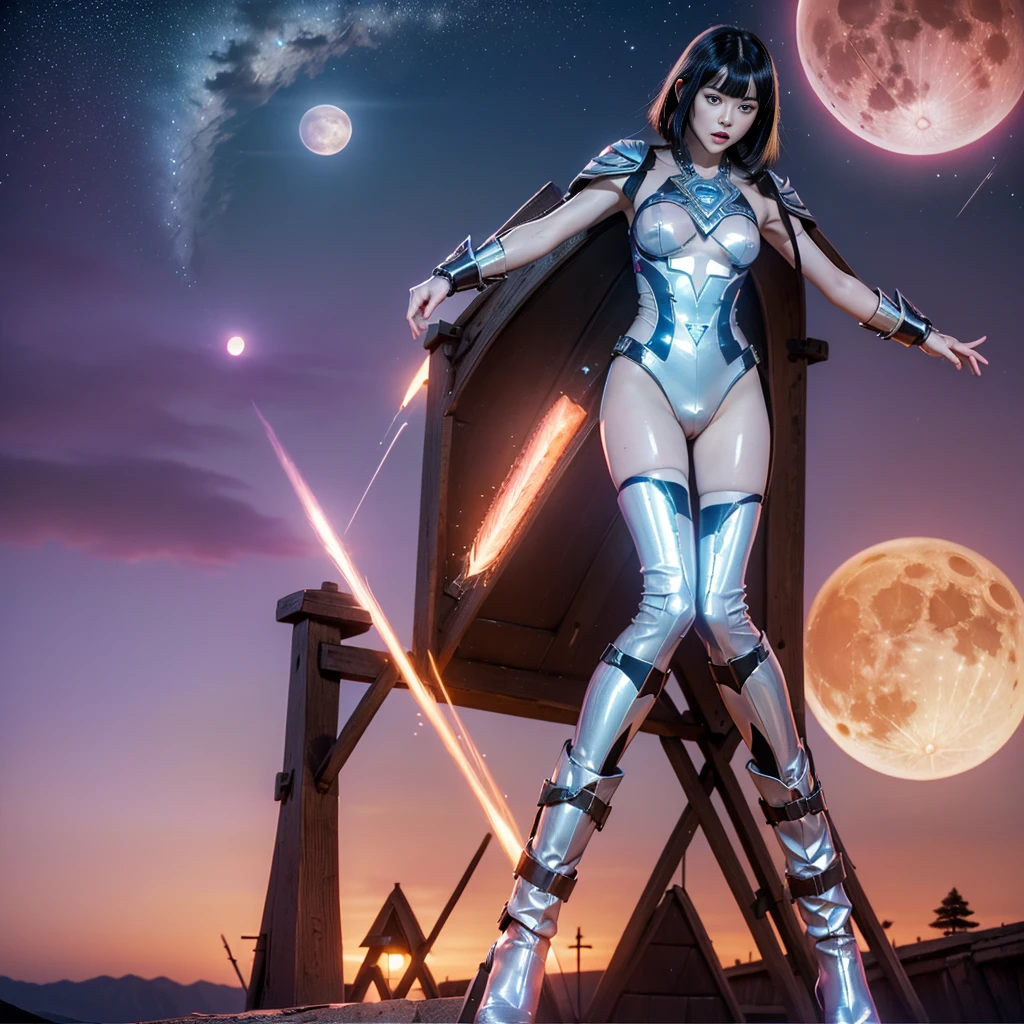 High resolution (8K), Beauty defines the body in detail, Blue-black hair, Sexy full body pose using Conan cosplay, barbarian, big chest, huge breasts, tits, high tech blue uniform, cyber punk, futuristic, night sky landscape with clouds, ......two,
