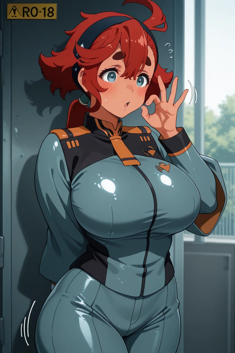By bebebebebe, by lostgoose, by goonie-san, solo, female, bovine, cow, hair, medium hair, wavy hair, horns, smiling, big breasts, curvy, thicc, hands behind back, happy, looking at viewer, slightly chubby, detailed spacesuit, spaceship, space, window