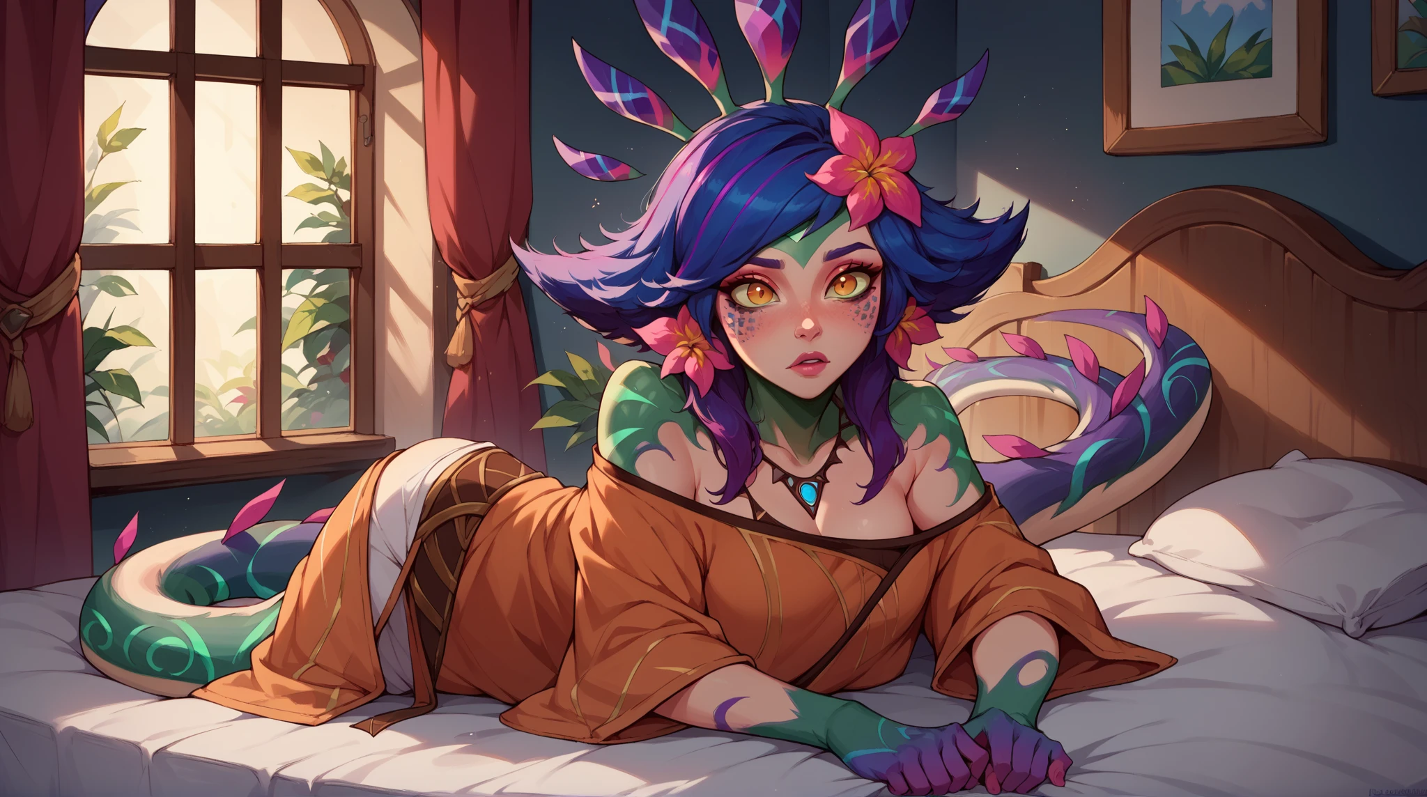 4k, realistic, charismatic, very detailed, Neeko (19 years old, freckles, short blue hair with pink tips, pink flower on head left side, big breasts)in bed, wearing American pajamas (American pajama dress buttons, open neckline, button-down sleeping dress),purple theme, full body, lying in bed