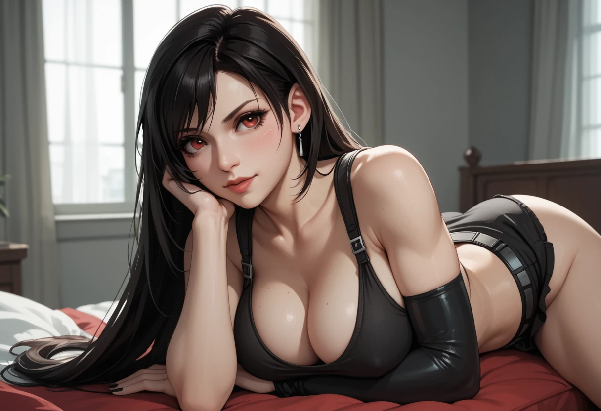 Anime girl with black hair and black leather pants holding a cell phone., Tifa Lockhart, Tifa, Tifa Lockhart portrait, seductive Tifa Lockhart portrait, Tifa lockheart, portrait of Tifa Lockhart, glamorosa Tifa lockheart, Tifa Lockhart with white hair, anime rudo 8K, portrait ninja gaiden girl, female anime character, thick