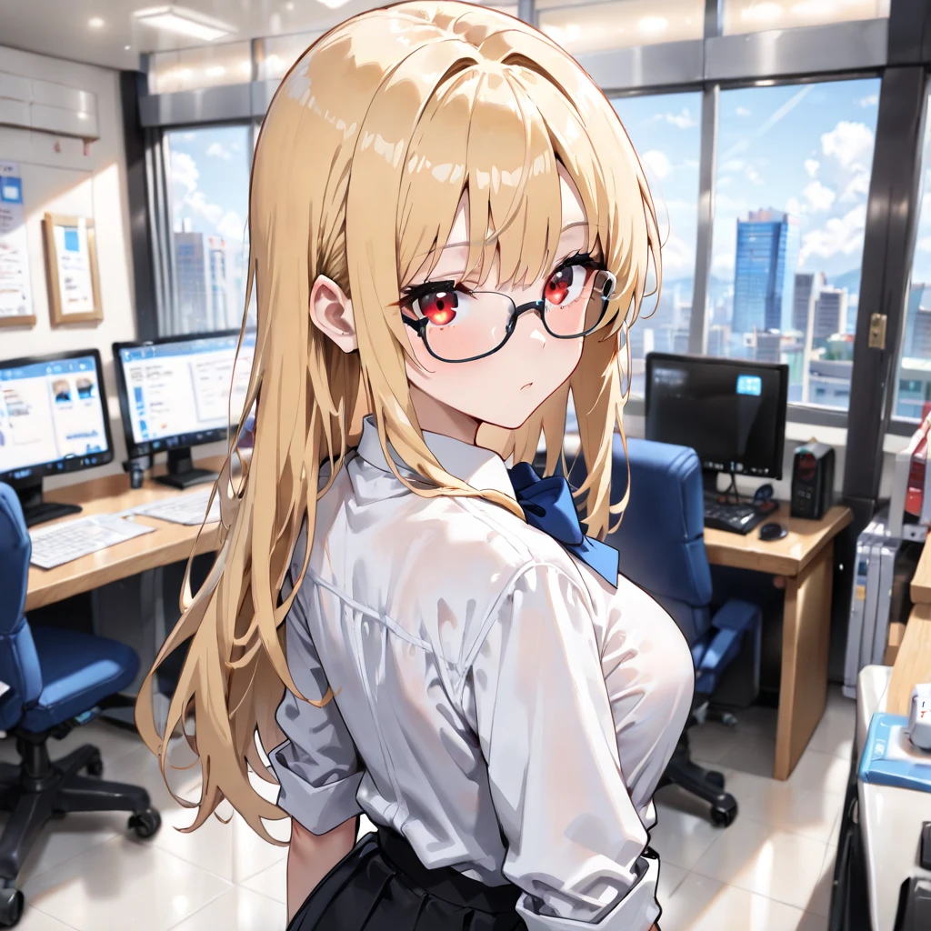 A woman wearing a white office t-shirt, wearing a tie around your neck, uma saia preta, meias longas femininas, seios grandes, cabelo loiro longo, olhos azuis, in an office in a large building, com tabelas, computadores, a window overlooking several buildings, lugar brilhante, efeito de desfoque de fundo, HDR, ultra resolution, bem definido, obra de arte, 8k HD.