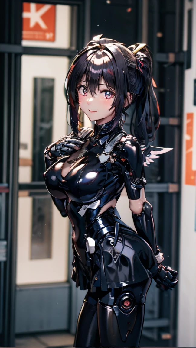 (((Masterpiece))), (((high resolution))), ((white background)), Woman, black hair, side ponytail, smile, light-blue armored leotard, big breasts, (long nipples), navel exposed, latex