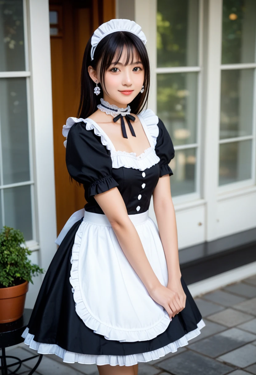 ((masterpiece)), ((highest quality、Ultra high definition)), (Very detailed),8K、Photo quality、((Amazingly cute girl)),( 14-year-old girl), Two people, , (Beautiful emerald blue eyes), ((smile)),In the open-air bath overlooking the sea, Beautifully arranged black hair in twin tails、whole body、((Super high-end white see-through summer gothic lolita maid costume、A super mini skirt with lots of frills))、Professional Lighting、(White lace knee-highore detailed and beautiful)、(More details and cutenesore realistic)、(((ウインクしている)))、