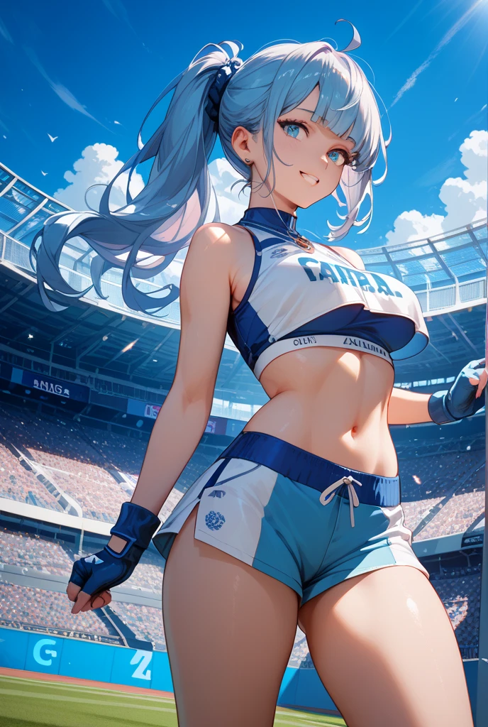 (Original Character、Unity 16K Wallpaper, Masterpiece, Best Quality, Ultra-Detailed, Extremely Detailed CG, Caustics, Cinematic Lighting, Detailed, Beautiful Detailed Eyes, solo), Ultra High Resolution, fine skin, (track and field:1.2) 、(strong light)、oily skin,smile , from front:1.2、(sexy women)、Arena、full body shot、separate、racing bloomers、show off belly,show off neck,sunny day、cowboy shot,blue hair