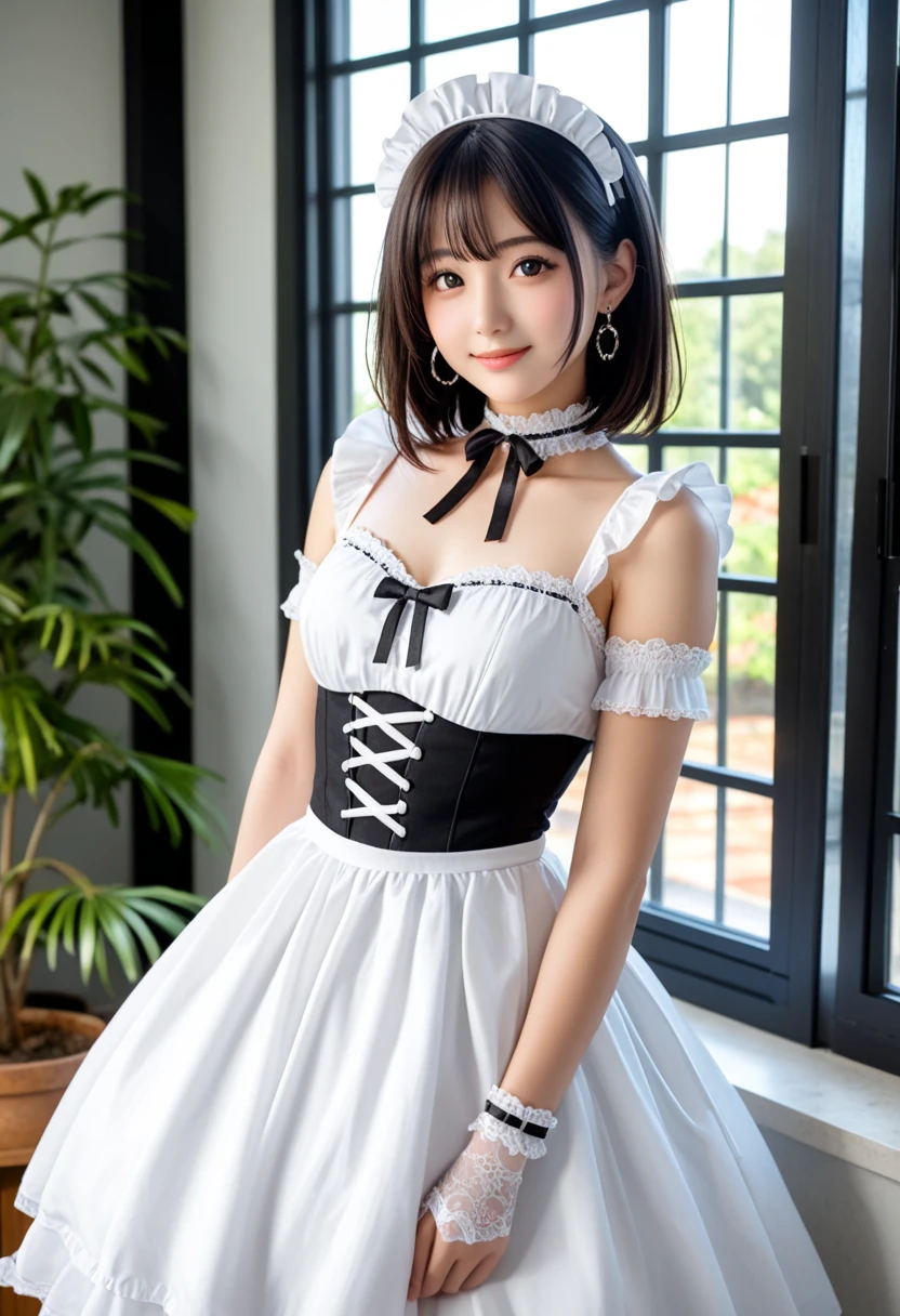 ((masterpiece)), ((highest quality、Ultra high definition)), (Very detailed),8K、Photo quality、((Amazingly cute girl)), 10years old girl, (Beautiful emerald blue eyes), ((smile)), white maid costume, In the open-air bath overlooking the sea, Beautifully arranged black hair in twin tails、whole body, (white see-through gothic lolita maid costume, skirt with lots of frills)、Professional Lighting、(White lace knee-highs)、