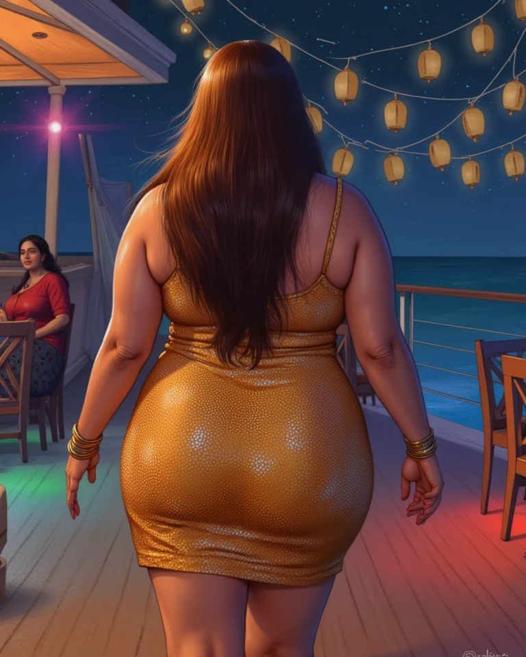 Carmelita Fox, voluptuous, green eyes, long wavy brown hair, chubby, bbw, morbidly obese, protruding belly, bikini, surrounded by food, high quality lighting, high contrast, HD