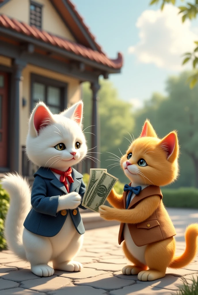 A white cat wearing beautiful suit is standings in the market and giving the money in  poor cats hand.