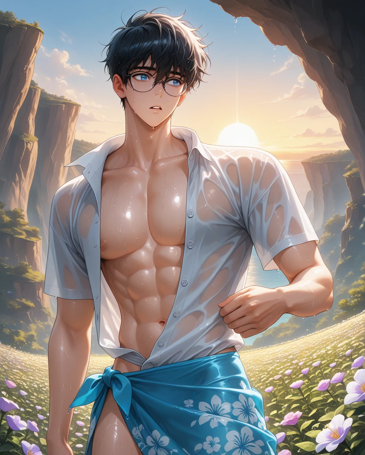 high quality, detailed, ( japanese idol boy), (detailed black eyes), (black short hair), (abs:1.5), (shiny skin), (bulge:1.2),(detailed areola), yard, Morning glory,
