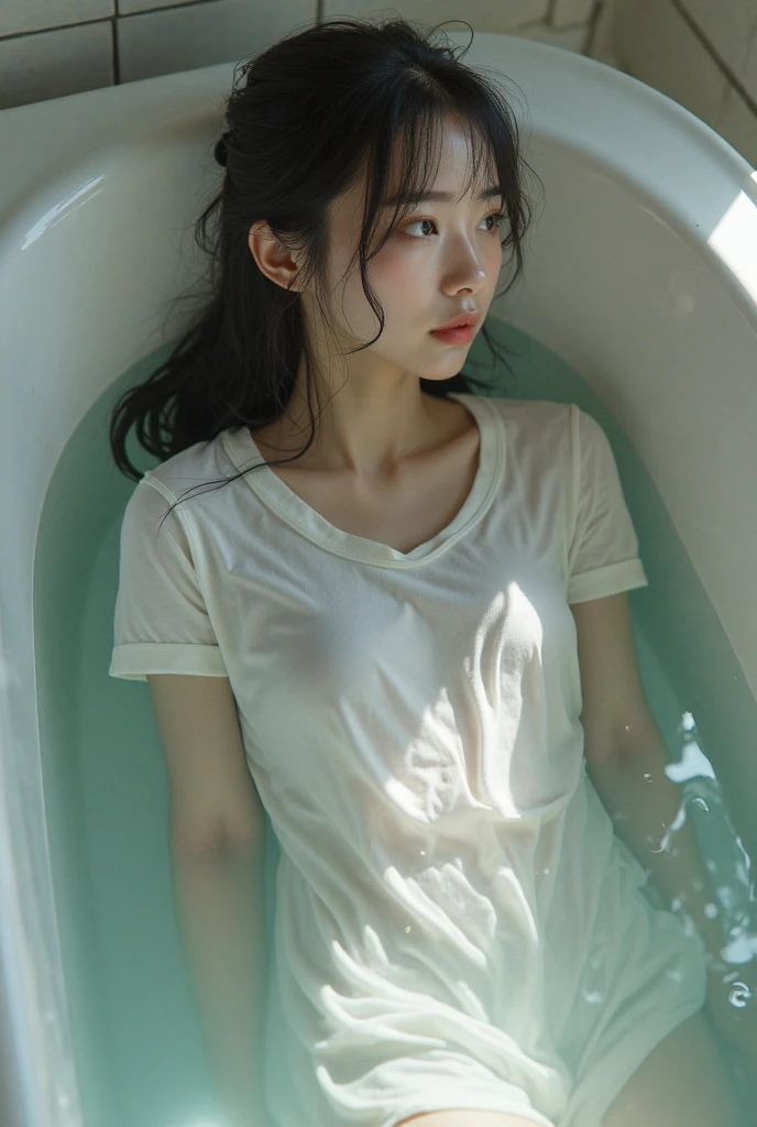 ((Best quality, 8k, Masterpiece :1.3)), 1girl, beautiful woman: 1.3, huge breasts: 1.2, (bathtub, wet clothes: 1.1), super delicate face, pale white clothes,