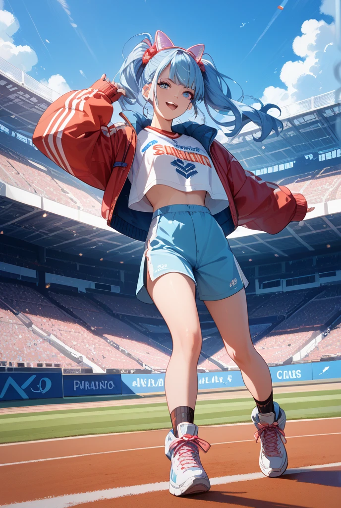 Chica latina, Pelo largo negro, 18yr old, ojos azules, Estilo Pixar, Cara hermosa, Multiple expression and poses, character sheet, en pantalones azules, zapatos negros, camiseta deportiva roja, Character dynamics, pose, cuerpo completo,Laughing face, (((Multi-character design sheet)))