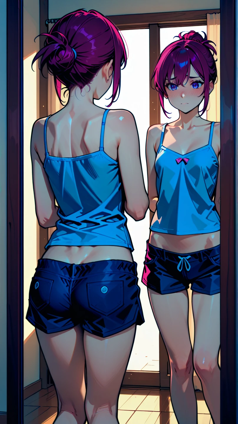 2girls,roromiya,ririchiyo, flat chested, sweaty, stripping off military uniform, in a changing room,masterpiece, best quality