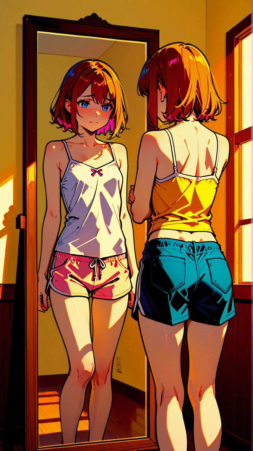 2 teenage girls, wearing very small pink pajama shorts and pajama tank top, leaning against a kitchen counter, blond messy hair, necklaces, bracelets,  looking straight at viewer,nsfw sultry look, seductive