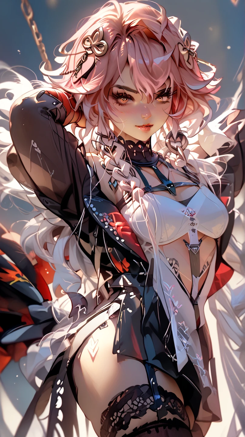 masterpiece、top-quality、Ultra Detail、, 1girl in,beautiful lighting、adult lady、1girl with、(((18 years old)))、(((High school students)))、(((Best Beautiful Girl)))、(((Colossal tits)))、ren、Beautie、Red glasses(((Red glasses)))、(((electric guitars)))、(((recital)))、(((locks)))、(((punk)))、(((band)))、little blush、Beautie、(shiny lip:1.1)、(beautidful eyes:1.1)、fantastic hair、short-hair、bob cuts、Platinum Pink Hair、Red glasses、Platinum pink eyes、elf-ears、Well-formed face、large full breasts、A smile、masutepiece、Best Quality、High resolution、Cowboy Shot、From Side、Pale skin staring at the viewer、Curve、Blunt bangs、Best Smile、