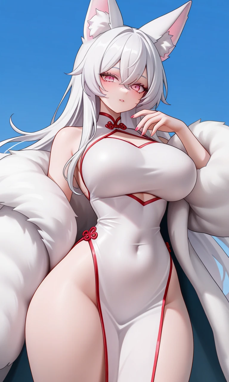 (masterpiece, best quality, perfect face, (beautiful and aesthetic:1.2), extremely detailed, highest detailed face), (beautiful kitsune girl, (long white hair:1.4), (red eyes:1.2), (flawless pale skin:1.3), fake , (narrow waist), (thick thighs), wide hips), long legs, (sexy pip pose), (slender body:1.2), ((kimono)), ((night)), (high quality, hyperrealistic, CG, unity, 4k),
