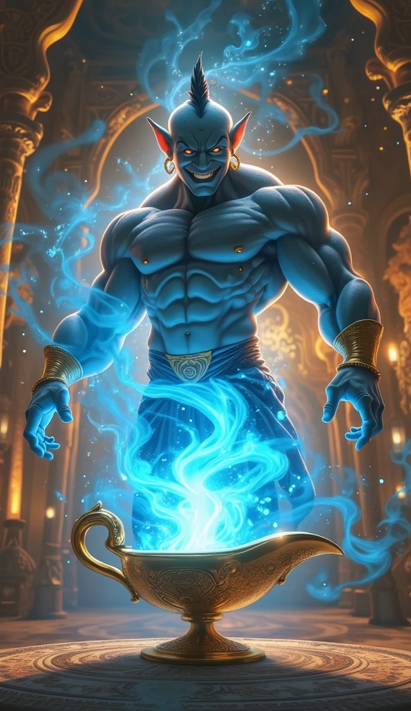 Genie of the Lamp, Djin, cores detalhadas, alta qualidade, fundo com cores frias, Lua cheia, homem, Alta qualidade, 8k, ghostly legs.