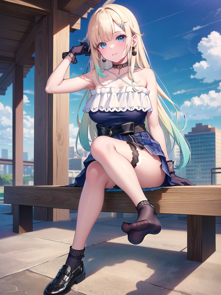 (masterpiece:1.3),((High resolution)),((high quality)),((Super detailed))、1 girl、perfect balance、perfect face、detailed face、cute face、beautiful詳細な目、Expressive eyes、cute eyes、shiny eyes、perfect body、beautiful体、Emma Aizawa,long hair、gradient hair、hair ornament、lace choker、black choker、bear shoulder、Chris Cross Halter、Blue Dress、frills、black ribbons、Black Gloves、thigh strap、((fishnet))、((single thigh high)),(big breasts)、(head shot)、embarrassing、blush、beautiful女の子、cute face、beautiful顔、cute face、beautiful、best quality、good anatomy、smile、closed mouth、blush、Are standing、From above、(NSFW:1.3), ((full body)),((Super detailedな背景)), mistress pose, ((8k wallpaper)) , smile, blush, outdoor, Day, blue sky, empty, looking at the viewer, moody lighting, face-to-face audience、Are standing、from below