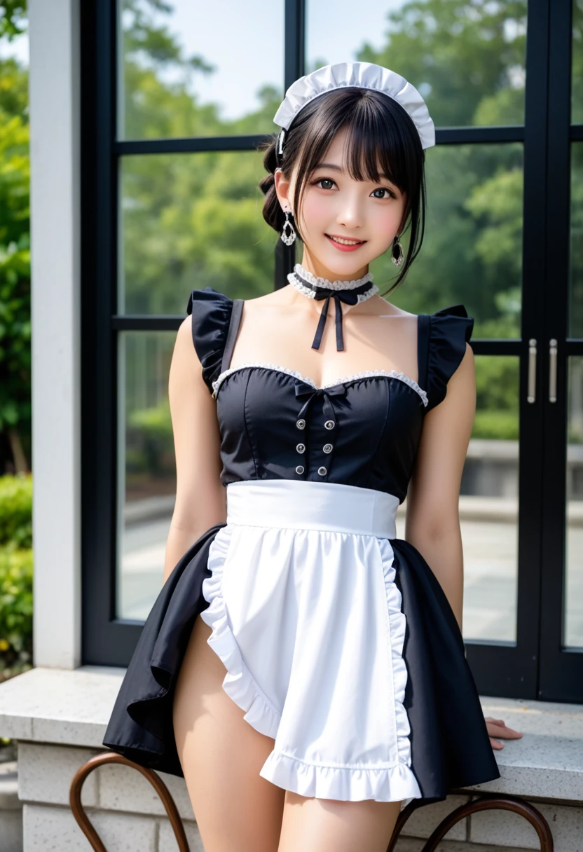 A 21-year-old maid with a cute face like an idol and a naughty personality　Smiling Kindly　Japanese maid cafe outfit　Maid clothes　mini skirt　Cosplay　Cleavage　Medium bust　garden　Crouching　She&#39;s so naughty that she rolls up her skirt to show her panties　She lifts her skirt to show her panties to the viewers.　RAW Photos　Natural light　Genuine　Genuine　Real Stick　High resolution　RAW Photos
