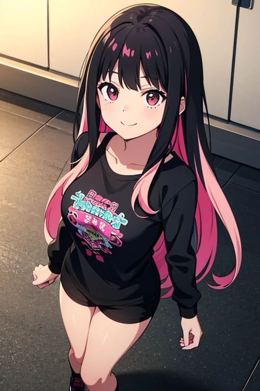 best quality, expressive eyes, perfect face, black hair, long twintails, straight bangs, pink eyes, smirking expression, pink hoodie crop top, black thigh highs, pink lips, black mini skirt, big breasts, adult, pinching finger, evil, holding shopping bags
