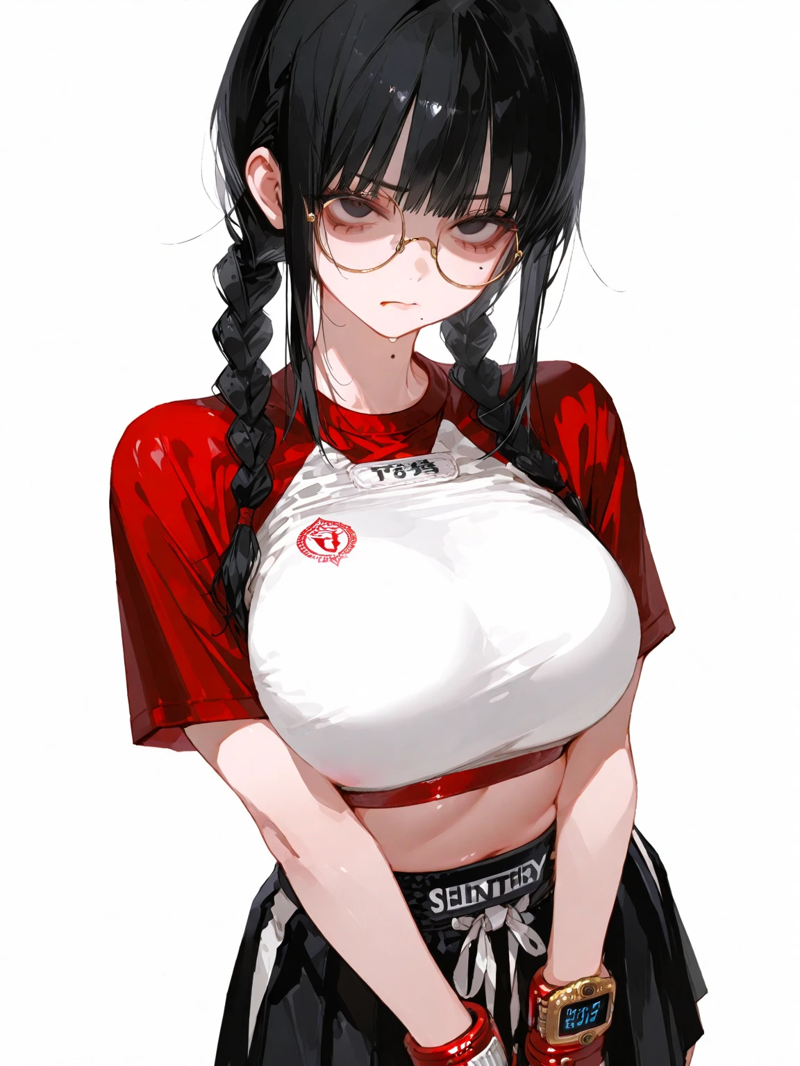 (masterpiece:1.4)、(highest quality:1.4)、ultra high resolution、beautiful features、20 year old woman、black straight long hair、hair ornaments、long sleeve t-shirt、flare skirt、black tights、(huge breasts:1.2)、red face、smile、stand、aquarium、巨大な水槽の前にstand、Lots of Fish、dim