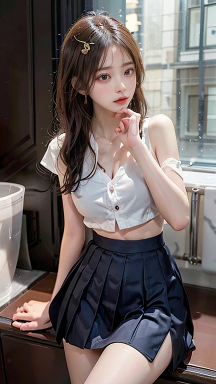 ((((Highest quality))))、(((Ultra-precision CG16K wallpaper)))、(((masterpiece)))、(((Super detailed)))、(((Extreme detail)))、((1Mature 29 year old woman:1.6))、((Very beautiful Japan face of a person))、((Urizane Face:1.8))、((Short bob straight hair、Straight Hair:1.8))、(Shiny Hair)、A delicately drawn beautiful face、(Dark Eyes、Reflected light from the eye)、double eyelid、High nose、Small nostrils、Small Mouth、Seductive lips、Beautiful breasts、((C cup size breasts))、Cleavage、Small belly button、Delicate nails、Beautiful feet、Thin thighs、eight-headed body、Perfect proportions、Perfect Anatomy、Perfect composition、Beautiful detailed shading、Beautiful, natural lighting、Beautiful detail glow、Depth of written boundary、(((High chroma)))、(((Real:1.9)))、((vivid:1.5))、((Beautiful Skin))、((Skin Texture))、((Realな皮膚感))、(((Cowboy Shot:1.6)))、(((front view、shoot from front、front low angle:1.6)))、(((smile:1.5)))、(((looking at viewer:1.6)))、Bright daylight、Natural light、(((background_classroom:1.5)))、(Gravure idol pose:1.6)、(((High school girl sailor uniform&Black low rise pleated mini skirt:1.6)))、((necklace、Wearing earrings:1.5))、((White lace stockings:1.3))、