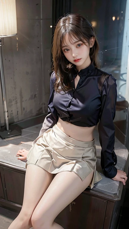 ((of the highest quality, 8K, masutepiece: 1.3, Raw photo)), Sharp Focus: 1.2, (1 AESPA Girl :1.1), Solo, (Realistic, Photorealistic: 1.37), (Face Focus: 1.1), Cute face, hyperdetailed face, (short messy hair: 1.2), Small Smile, Small breasts, flat chest, full nude, standing, from below, (taking off her black chiffon button down shirt: 1.1), thigh, city, open cafe stand